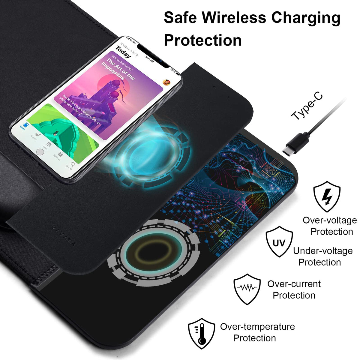 VIVIYA 15W Wireless Charging Mouse Pad with Detachable Wrist Support, Fast QI Phone Charger Mouse Mat for iPhone 16/15/14/13/12/11/X and Samsung Multiple Mobile Devices (Black)