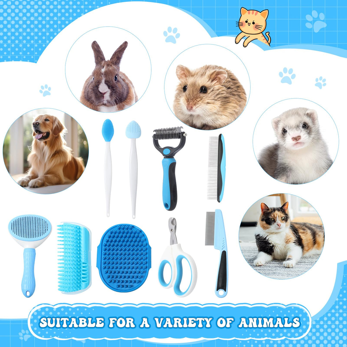 Teenyyou Cats Grooming Kit - 10 Pcs Pet Self Cleaning Kit for Indoor Long Hair Cats Include Brush Bath Brush Needle Comb Toothbrush Nail Clipper Nail Trimmer for Shedding Supplies