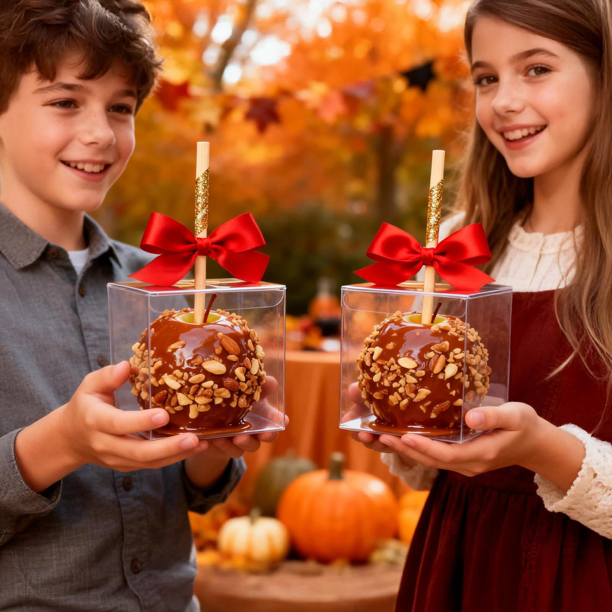 Yesland 50 PCS Candy Apple Box With Hole Top, Clear PET Gift Boxes for Caramel Apples, Ornament, Treats & Party Favors for Wedding, Party or Baby Shower - 4" x 4" x 4"
