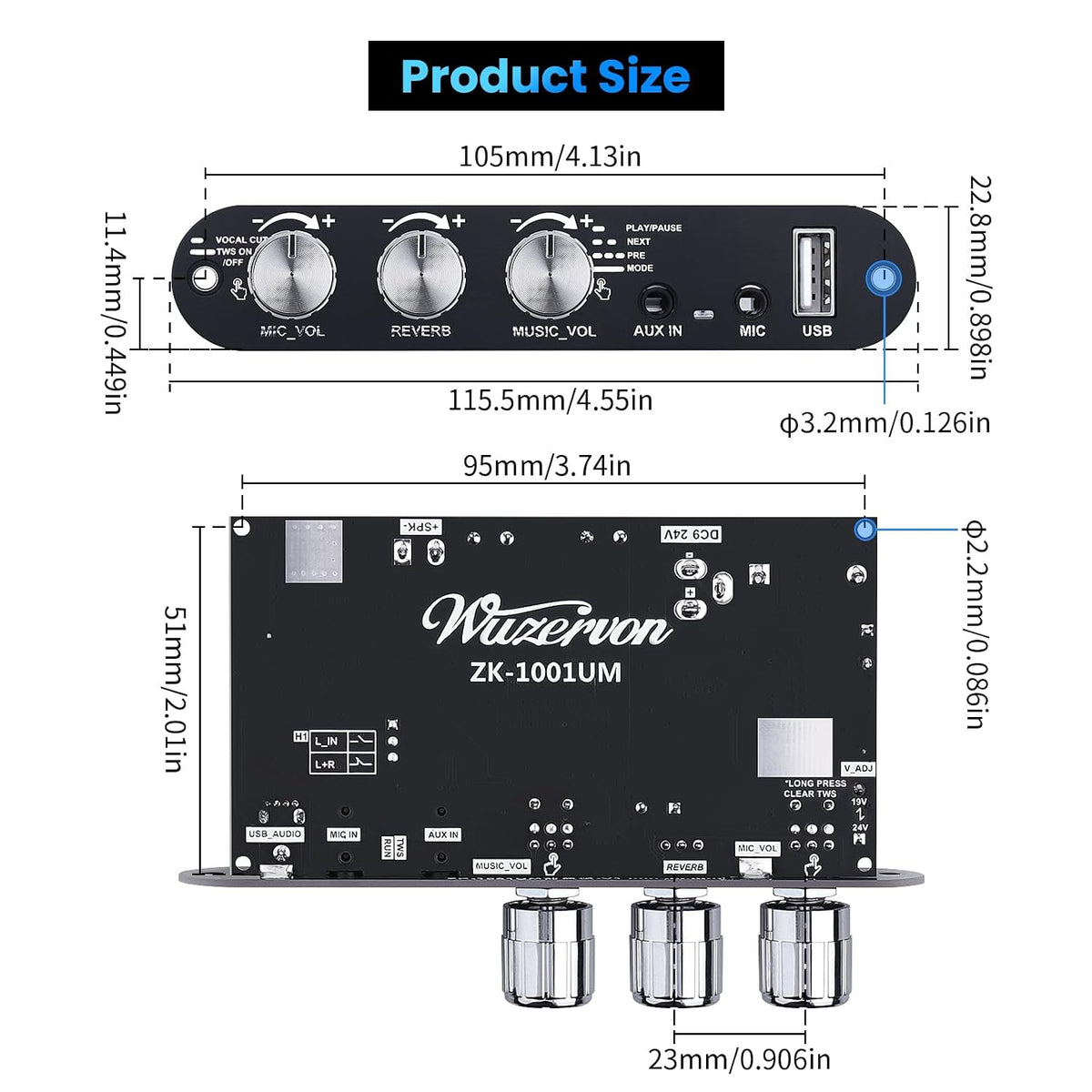 Beffkkip ZK-10001UM 5.3 100W (9-24V Bluetooth Amplifier Board, Mono Class D Power Amp with TWS Pairing, USB/AUX Input