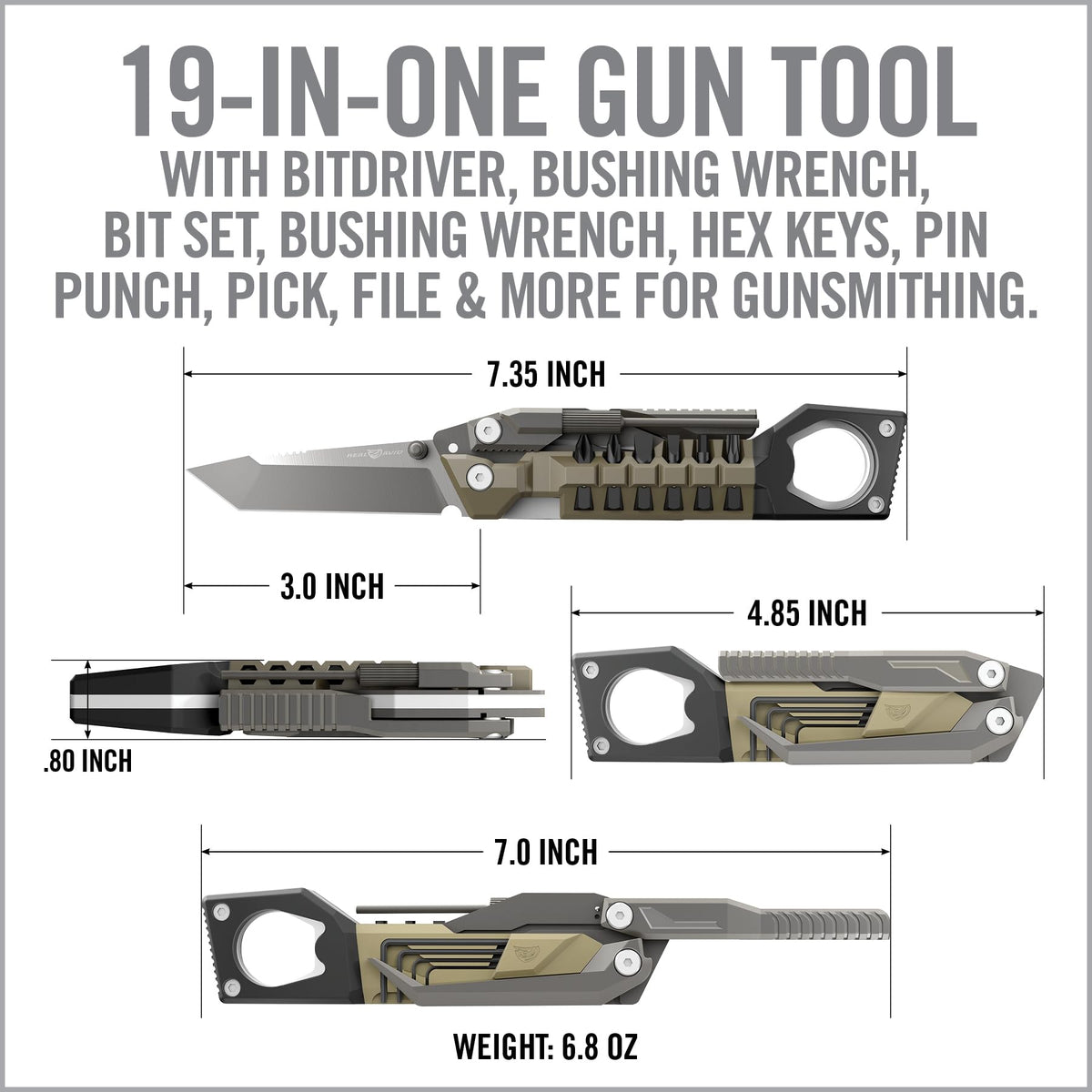 Real Avid Pistol Tool for Gun Maintenance | 19 in 1 Pistol Multitool & Handgun Utility Tool for Striker Fired & 1911 Platforms, Includes 1911 Bushing Wrench, Tanto Knife & Laser Sights Adjusters