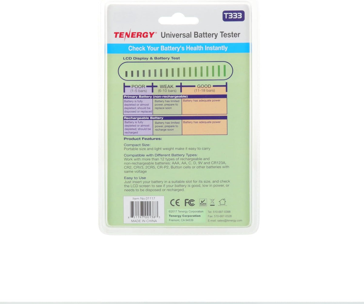 T-333 9V, CR123A, CR2, CRV3, 2CR5k CRP2, Tenergy Universal Battery Tester, LCD Display, Cell Checker, Multi-Purpose