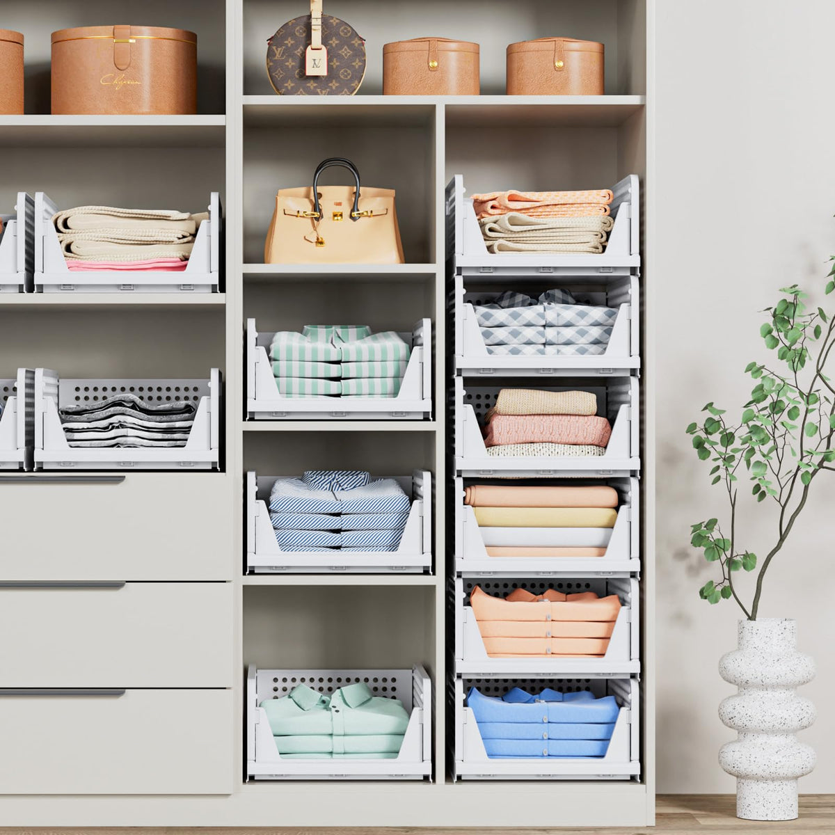 4 Pack Stackable Closet Storage Basket - Stackable Storage Bins, Multifunctional & Foldable Closet Organizer Divided, Wardrobe Cupboard Space-Saving Clothes Storage Hat Organizer, White
