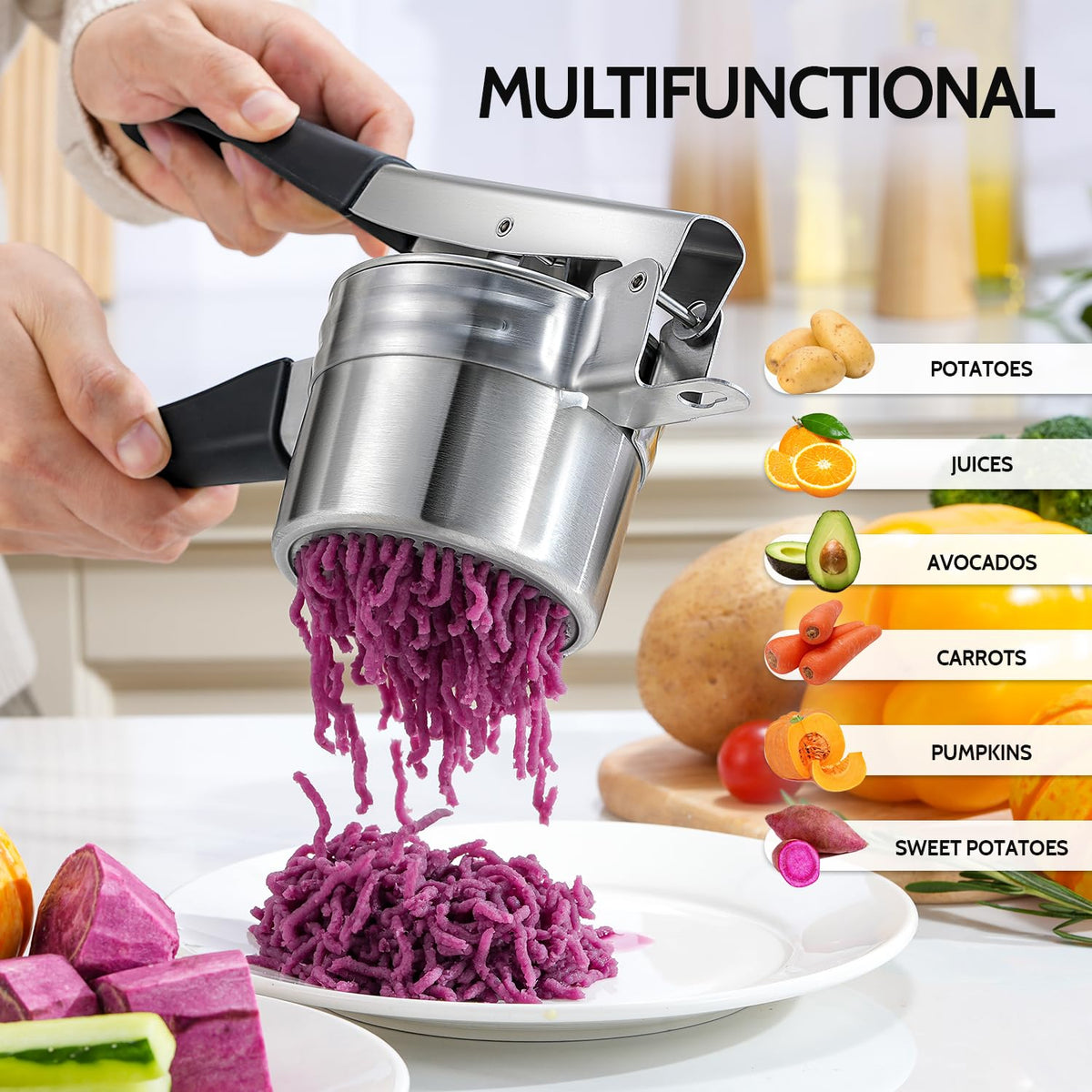 Potato Ricer, Sopito Stainless Steel Potato Masher with 2 Interchangeable Cups for Mashed Potatoes, Heavy Duty Kitchen Gadget for Home Use