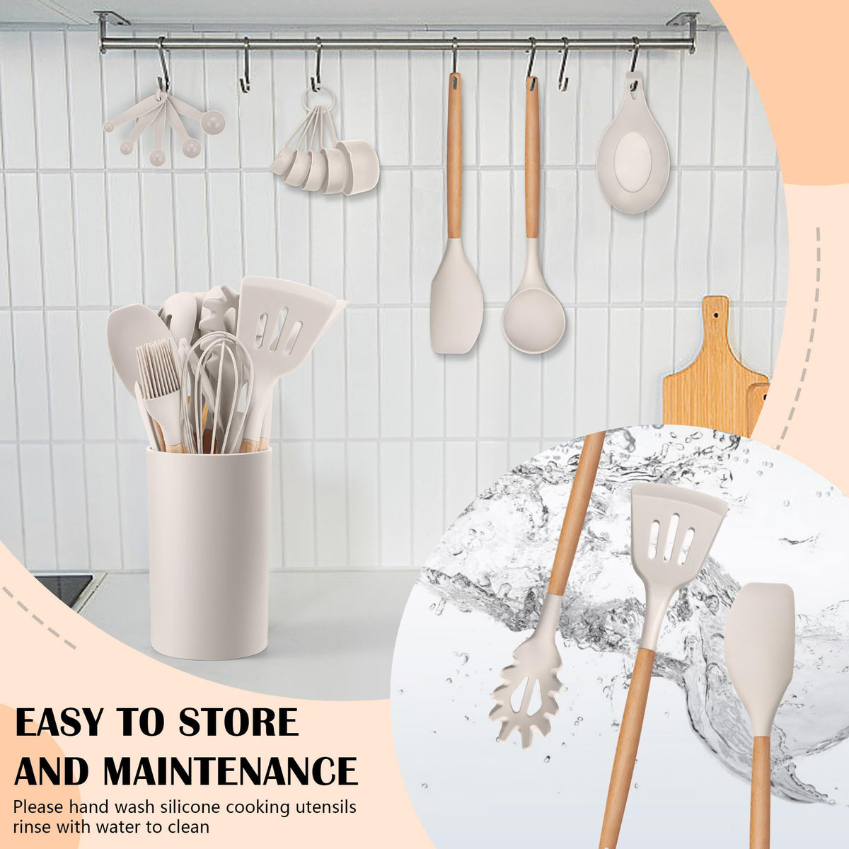HaWare Kitchen Cooking Utensils Set, 23-Piece Silicone Kitchen Utensils Spatula Set with Holder, Heat Resistant Wooden Handle Kitchen Gadget for Nonstick Cookware, Food-grade Turner Spoon Sets (Khaki)