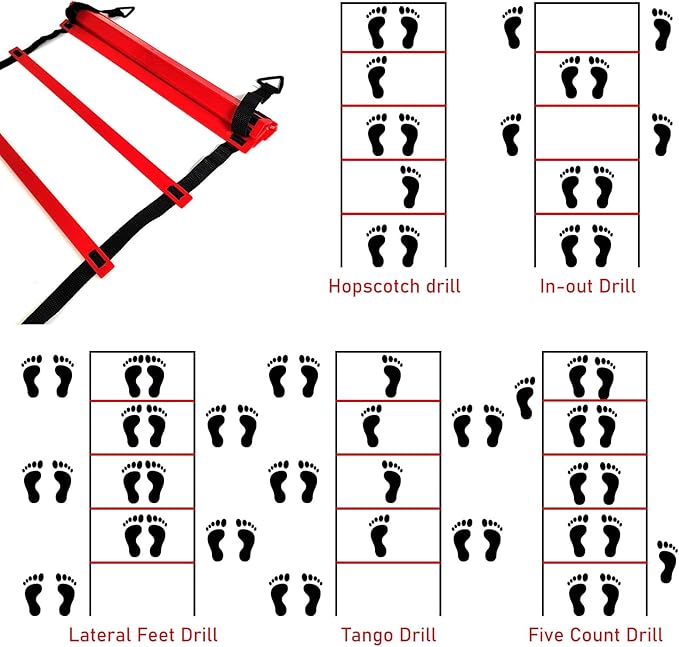 Pro Speed & Agility Training Set—Includes 12 Rung 20ft Adjustable Agility Ladder with Carrying Bag, 12 Disc Cones, 4 Steel Stakes, 1 Resistance Parachute, Use Equipment to Improve Footwork Any Sport