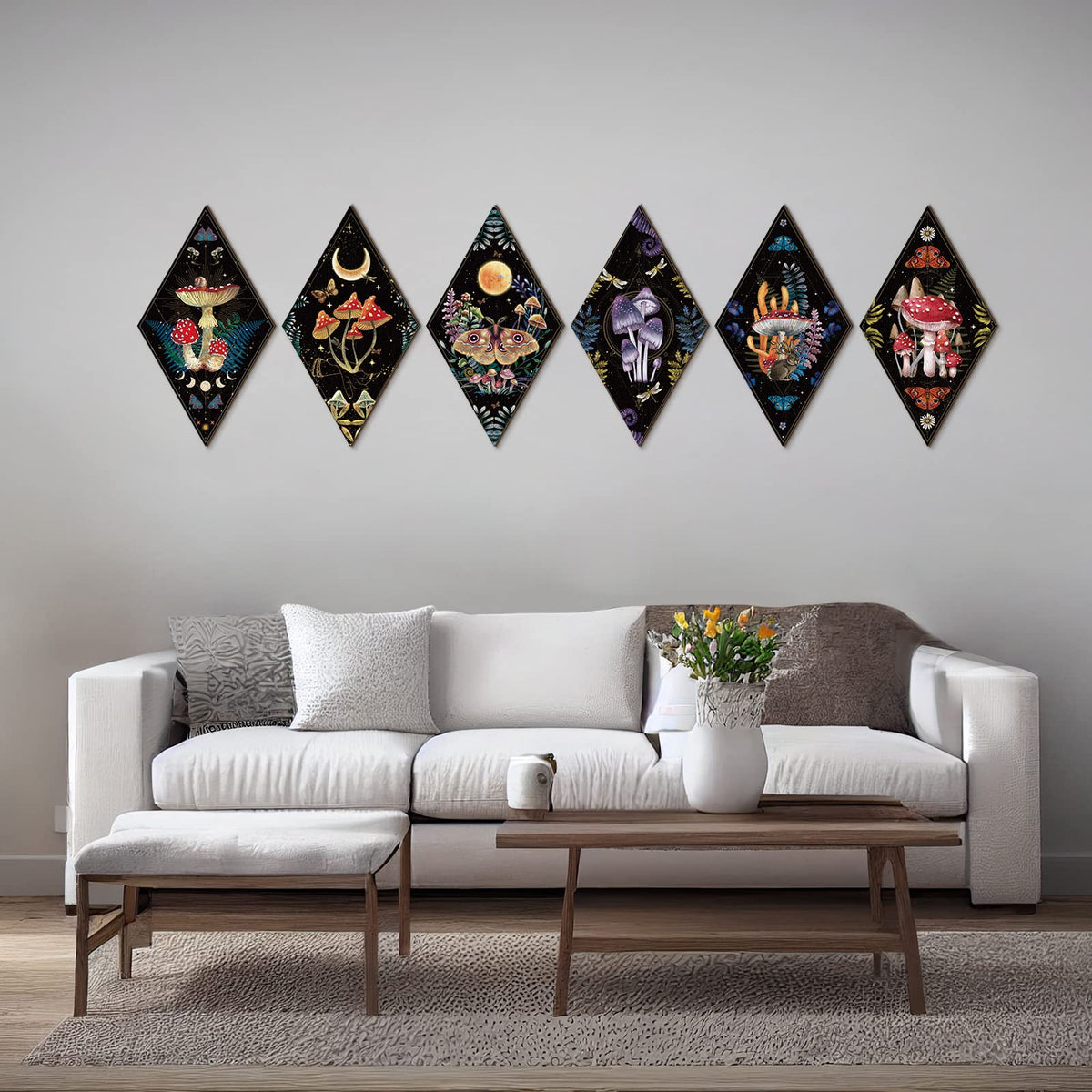 Sintuff 6 Pieces Gothic Wall Decor Boho Sun Moon Phases Wall Art Gothic Minimalist Stars Sun Hanging Wooden Home Decor Farmhouse Pediments for Gallery Living Bedroom Room(Mushroom)