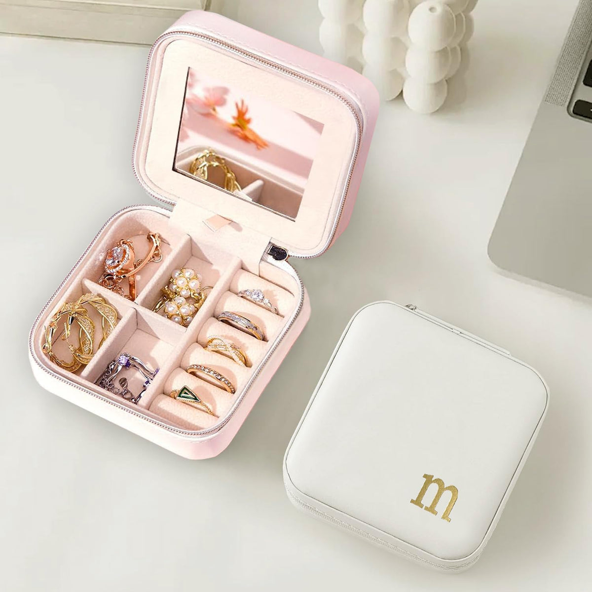 COLLECTIVE HOME - Travel Jewelry Case, Elegant Square Design with Gold Engraved Monogram, Built-in Mirror, Personalized Accessory Organizer for Rings, Necklaces, Gift for Women and Teens (m)