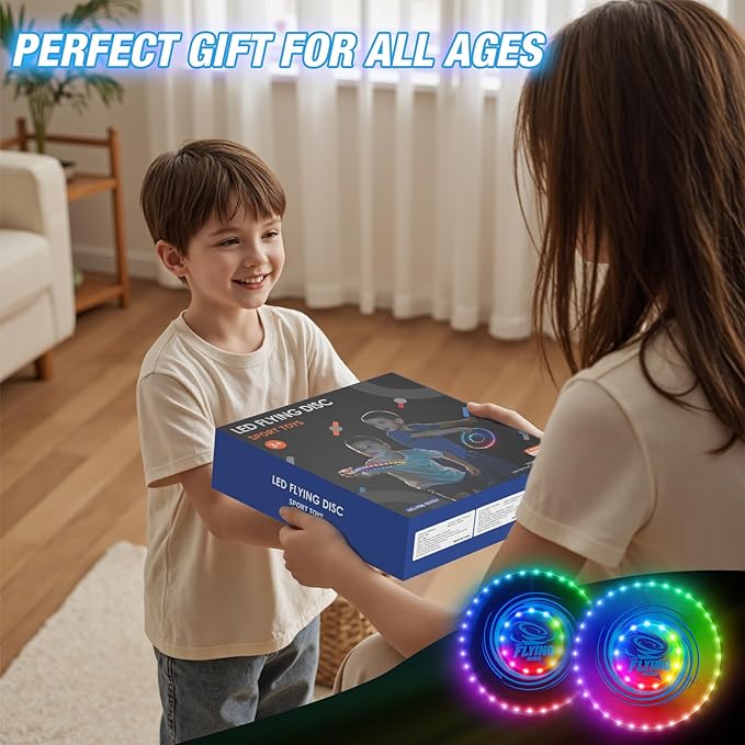 2 Pack Light up Flying Discs for Kids, 45 LEDs, 14 Lighting Modes, Rechargeable Glow in The Dark Flying Ring for Beach, Summer Camping, Outdoor Game, Sport Toys Gift for Teens Boys Adult
