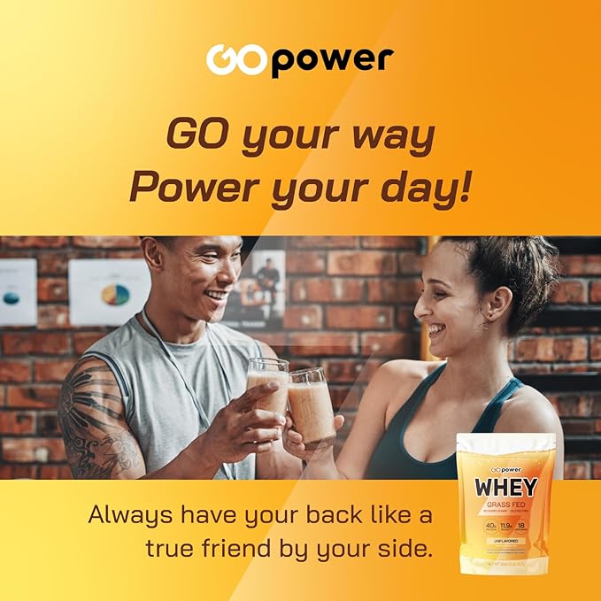 GOPOWER Whey Protein Powder, with BCAAs, Grass Fed Protein Powder, 2 Pound, 18 Servings
