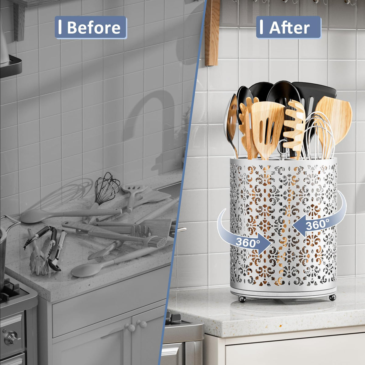YIUKEA Extra Large Utensil Holder - 360° Rotating Cooking Utensils Caddy Countertop Organizer with Instant-Dry and Removable Base for Kitchen Tools