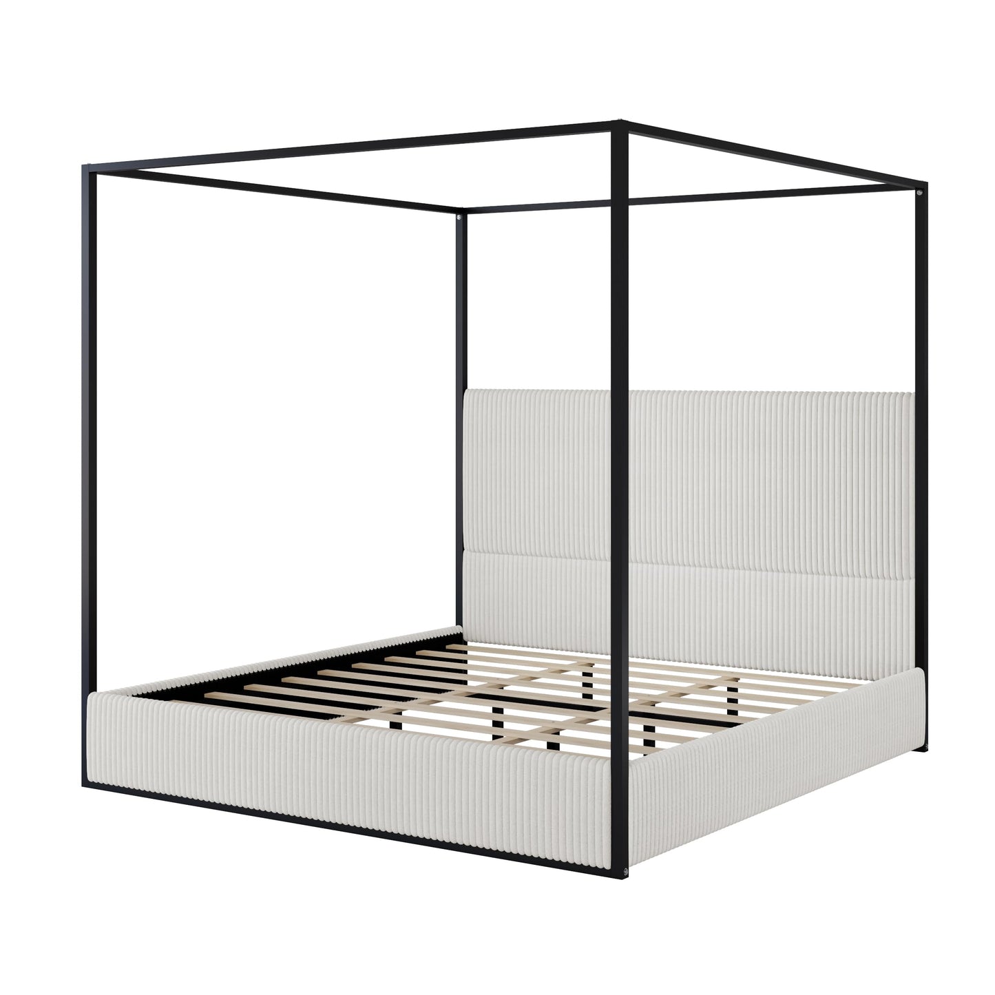 Merax Modern Luxury King Metal Canopy Bed with Tall Upholstered Headboard, Gold Four Poster Bed, No Box Spring Needed, White