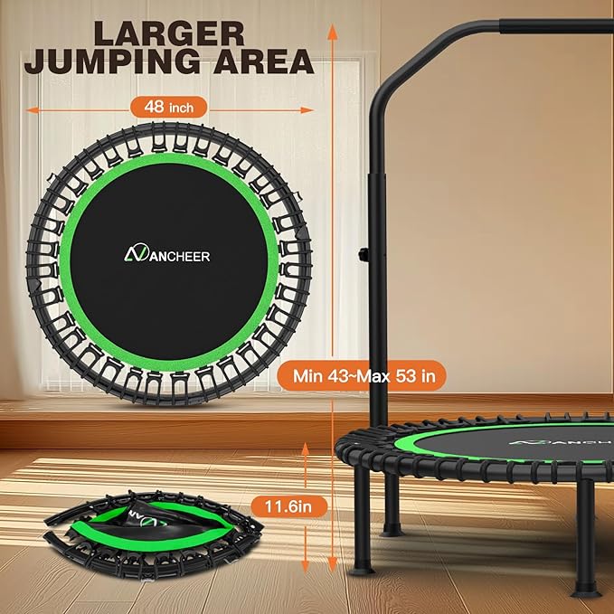 ANCHEER 40"/48" Foldable Rebounder Trampoline for Adults/Kids with Resistance Bands and Bungees, Indoor & Outdoor Mini Trampoline with Bar and Safety Padding - Max Load 450lbs/550lbs