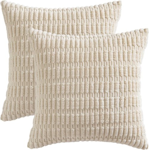 MIULEE Corduroy Throw Pillow Covers - Soft Boho Striped Design | 12x12 Inch Cream White Decor for Sofa & Bed
