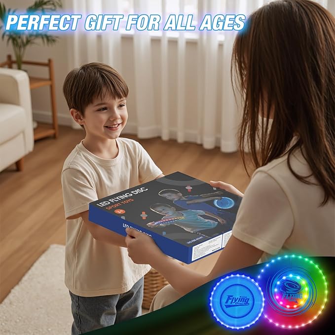 2 Pack Light up Flying Discs for Kids, Rechargeable Disc with 45 LEDs, 14 Lighting Modes(10") & Built-in Battery Disc(7.8"), Glow in The Dark Flying Ring for Beach/Summer Camping/Outdoor Sport