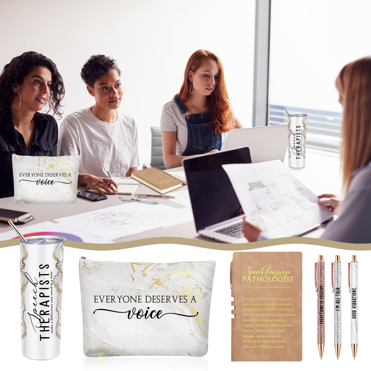 RimCereal 6 Pcs Speech Therapy Gifts Slp Gift for Speech Language Pathologist 20 oz Tumbler Makeup Bag A6 Notebook Ballpoint Pen Slp Graduation Appreciation Gift for Teacher Therapist Birthday(White)