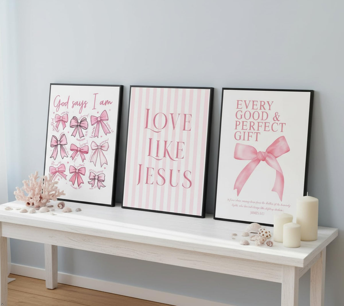 3Pcs Pink Bow Canvas Wall Art, Coquette Preppy Painting Pictures Wall Decor, Christian Inspirational Bible Posters Print Artwork for Girls Dorm Room, Apartment, Home Decoration 16x24 Unframed