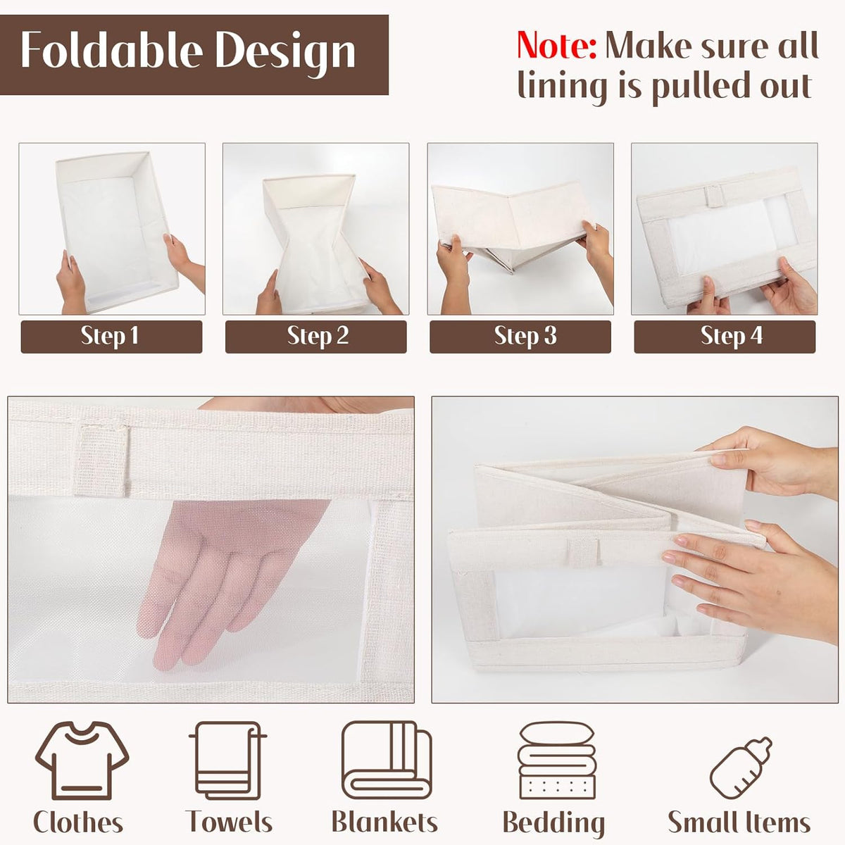 VZZNN Linen Closet Organizers - 4 Pack Foldable Storage Bins with Clear Window | Beige