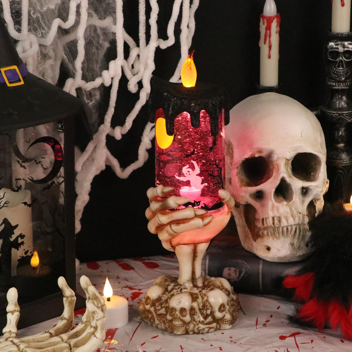 Eldnacele Halloween Snow Globe Candles Lighted Lamp USB Powered Battery Operated Spooky Spinning Water Glittering Tornado Flameless Candles Skeleton Hand Holder Halloween Centerpiece Decor(Ghost)