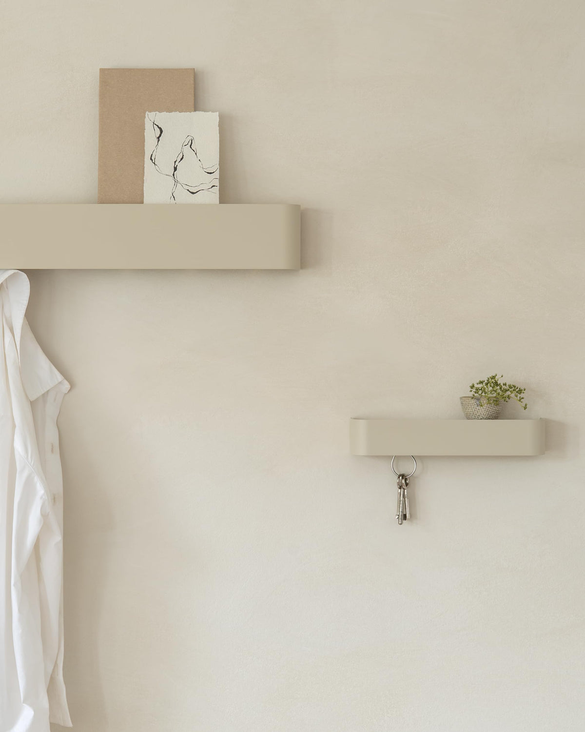 Kazai. Coat Rack Wall Mount with Shelf 'Tone' | Modern Design Coat Hanger with Hidden Hooks and Storage | Hat Rack with Shelf in Metal | Wall-Mounted Purse Organizer | Taupe