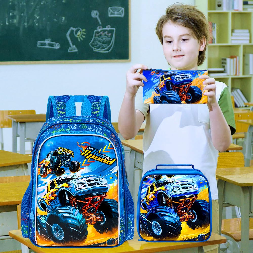 KLFVB 3PCS Boys Truck Backpack, Water Resistant Kids Bookbag with Lunch Box, 16" Preschool Backpacks for Elementary - Truck Blue