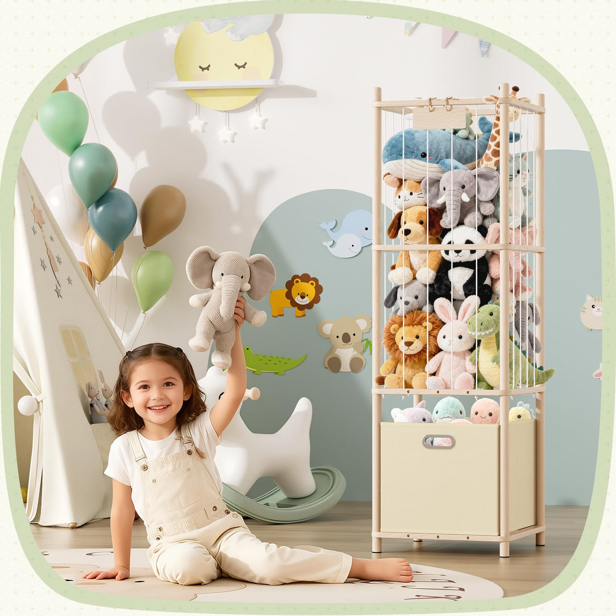 Stuffed Animal Storage Organizer - Large Wooden Toy Organizer with Drawer for Nursery, Bedroom, Kidroom, Natural Pine Material, Space-Saving