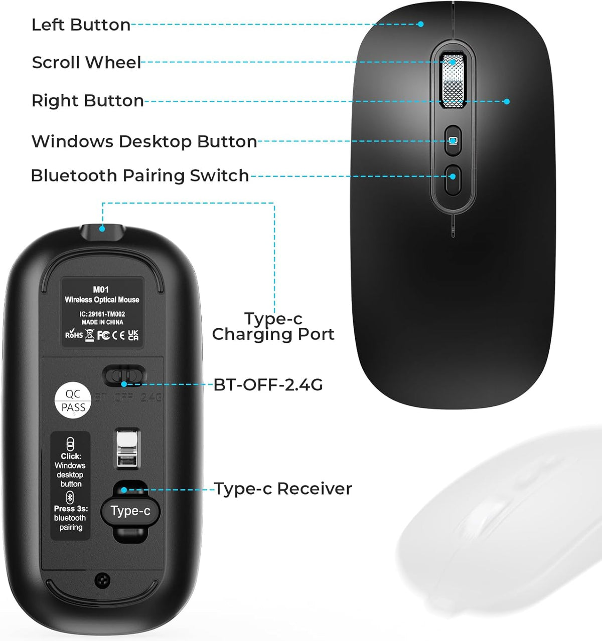 RaceGT USB C Wireless Mouse, Rechargeable Dual-Mode Mouse(Type-c and Bluetooth), Silent Bluetooth Mice for MacBook