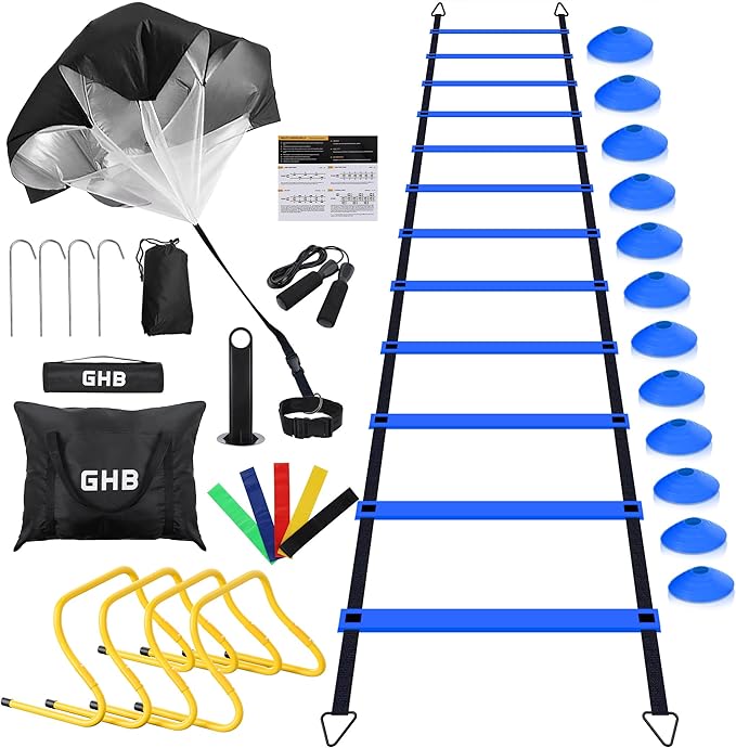 GHB Agility Ladder,Football Training Equipment Set,4 Agility Hurdles, 20 feet12 Rungs Speed Ladder,12 Disc Cones,Resistance Parachute, Jump Rope, 5 Resistance Bands