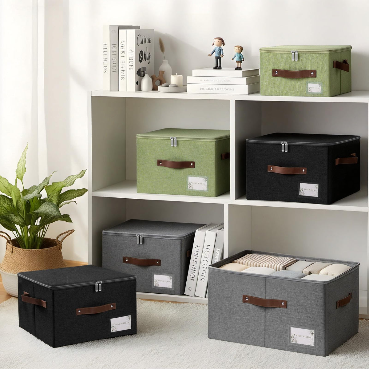Lucky Monet 1PCS Storage Bins with Zipper Lids 15"x10"x10" Foldable Lidded Fabric Storage Boxes Baskets Cotton Linen Closet Shelf Clothes Organizer with Handles & Label Pocket (Green, Large)