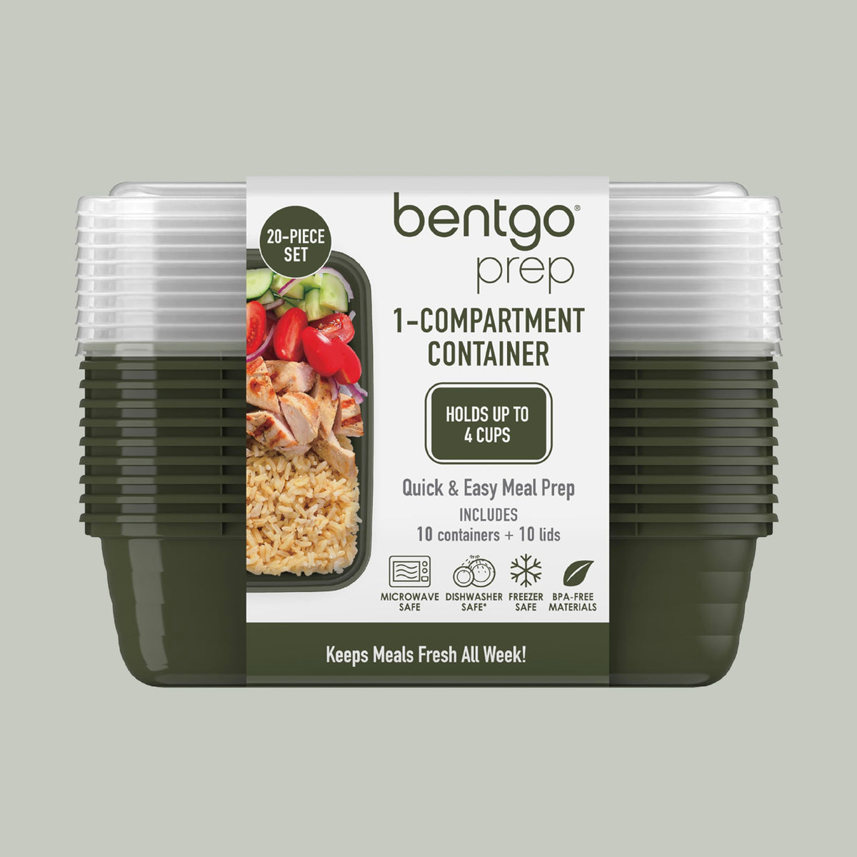 Bentgo Prep - 20-Piece 1-Compartment Reusable Meal Prep Containers with Lids, PFAS & BPA Free Materials, Durable, Microwave, Freezer, & Dishwasher Safe To Go Food Storage (Khaki Green)
