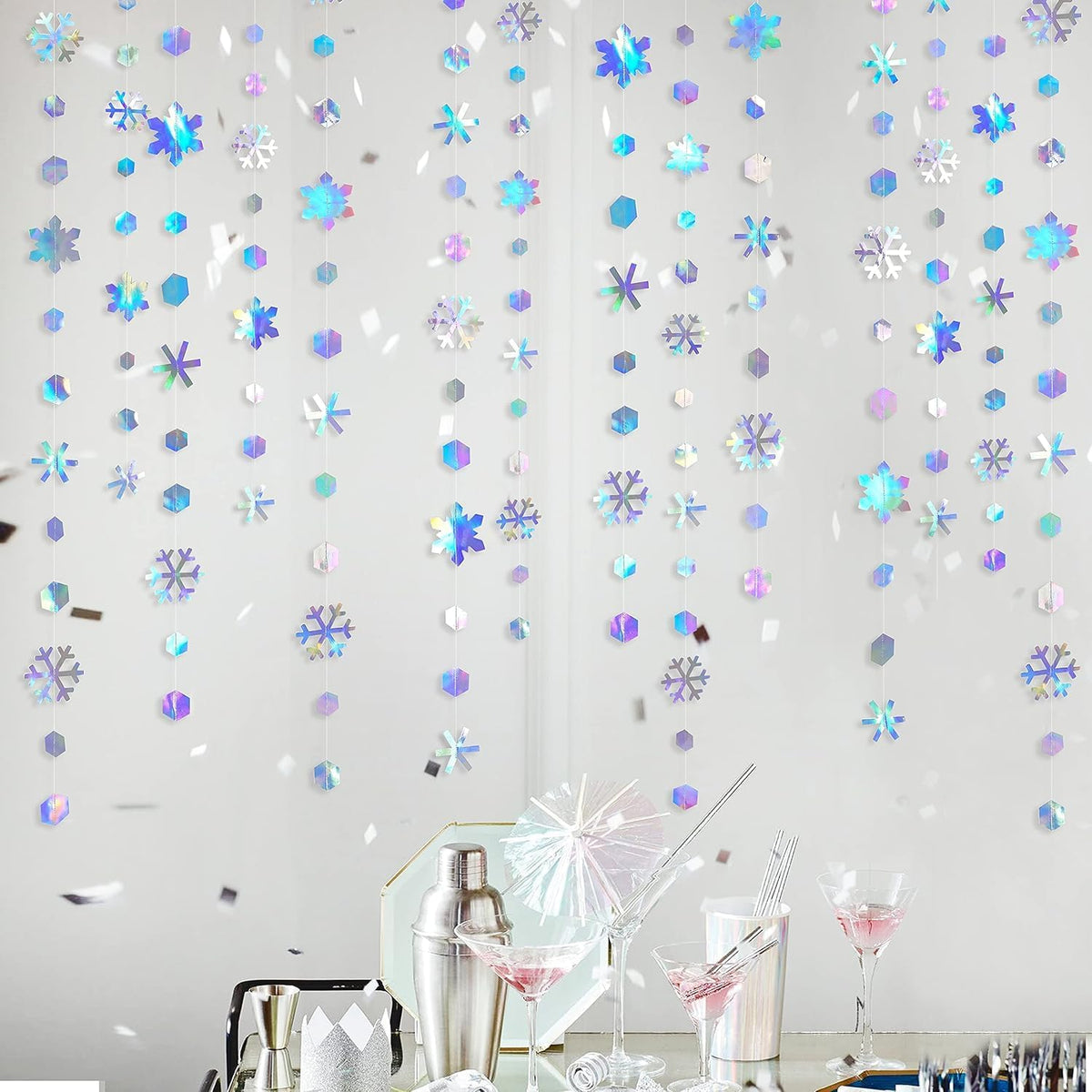Regine Switzerland Holographic Snowflake Decorations - Iridescent 13-Inch Hanging Garland for Holiday Parties