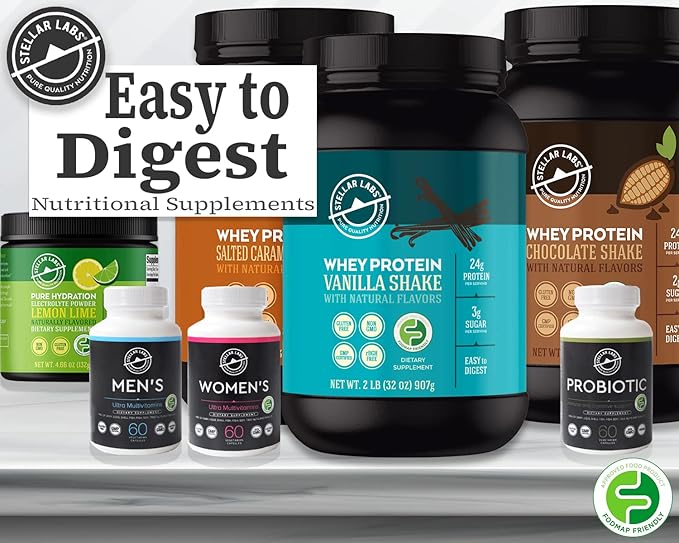 Stellar Labs Whey Protein Powder with BCAA's & Whey Isolate | Certified Low FODMAP, Non GMO, Gluten Free, Soy Free, Low Carb, Keto, with Stevia | All Natural Lean Post Workout Shakes | Salted Caramel