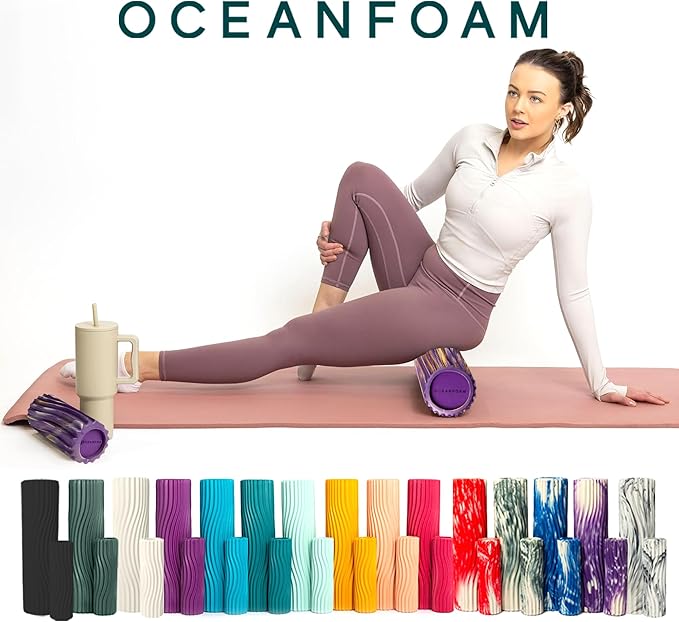 Oceanfoam Ripple Travel Foam Roller (11" x 3.35") Firm Mini Foam Roller for Physical Therapy, Deep Tissue Massage, Back Pain - High Density, Wave Textured - Yoga (Purple, Gold & Natural Marbled)