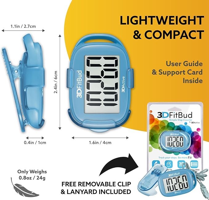 3DFitBud Simple Step Counter Walking 3D Pedometer from 3DActive with Clip & Lanyard - A420S