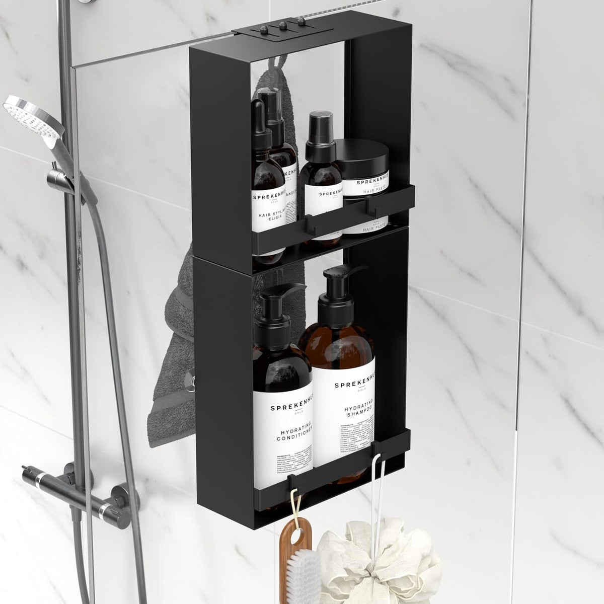 Skiennix Over The Glass Shower Caddy - 2-Tier Rustproof Stainless Steel Organizer with Hooks & Suction Cups | Black