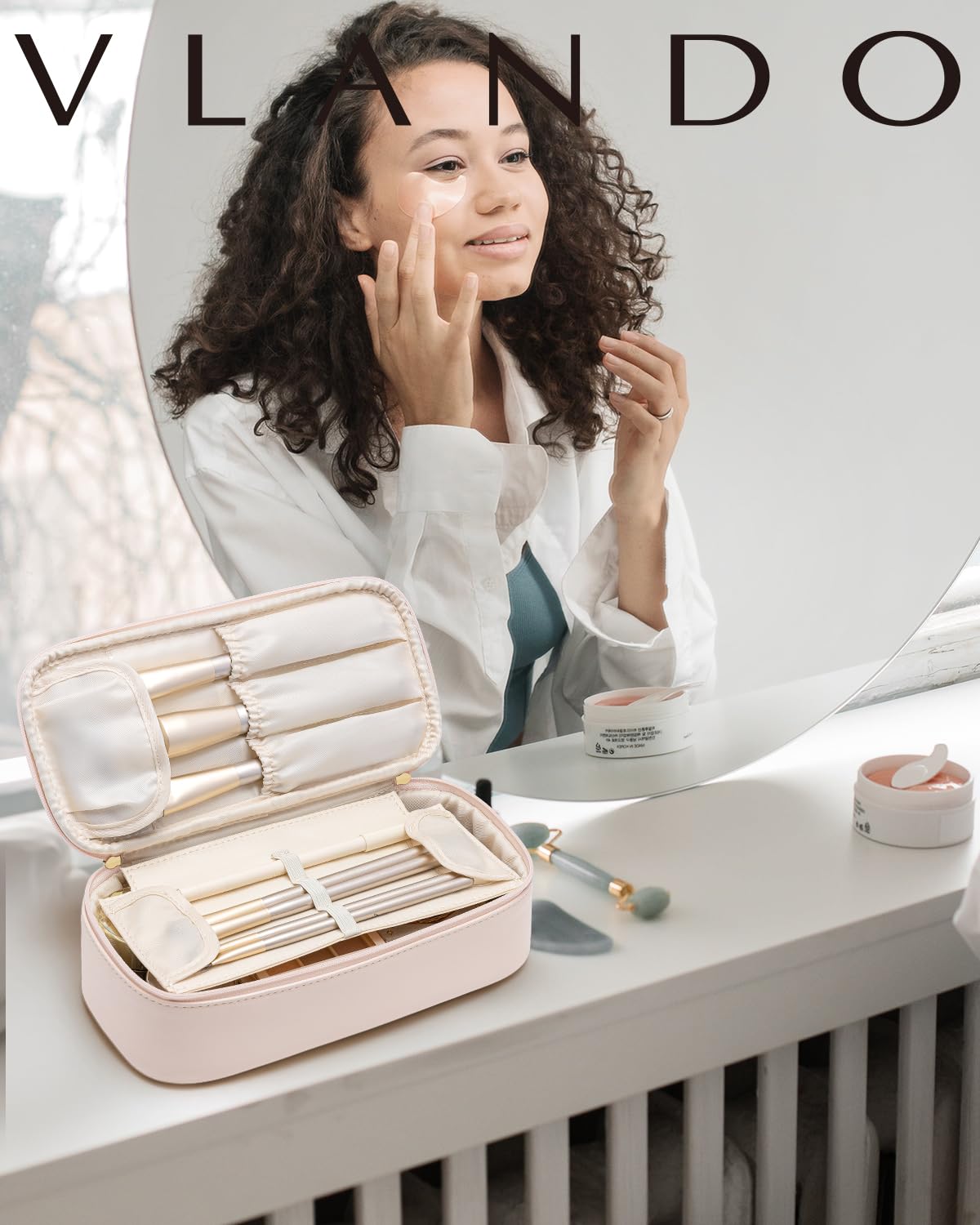 Vlando Makeup Travel Bag,Small Makeup Bag for Women,Gifts for Women Girls, Makeup Pouch Purse Travel Essentials Toiletries-Apricot Pink