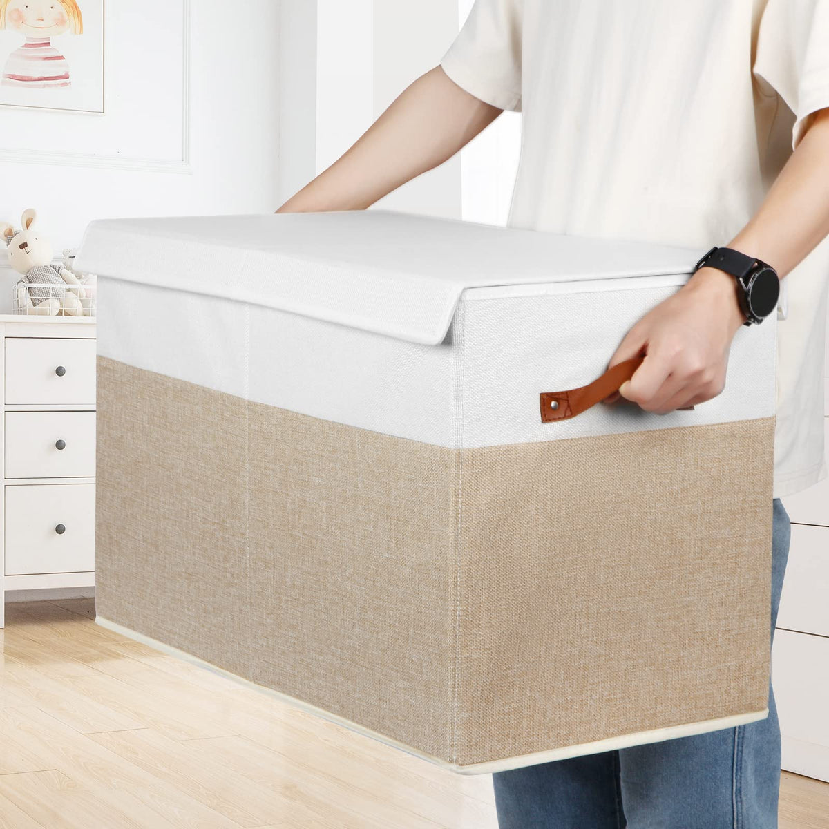Gowee Large Toy Storage Box with Lid, Sturdy Toys Storage Chest Bin Organizer Basket with Dividers for Kids, Boys, Girls, Nursery, Closet, Bedroom, Playroom 25"x13" x16" (Beige and White)