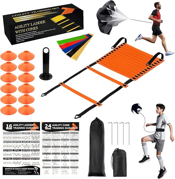 Speed Agility Ladder Soccer Training Equipment Set, 20ft Agility Ladder, 12 Soccer Cones, Running Parachute, Soccer Kick Trainer, 5 Resistance Bands, Football Soccer Training Equipment for Kids Adults