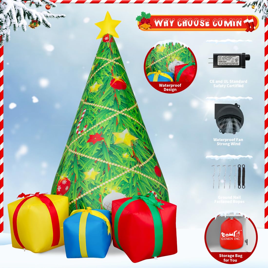 COMIN 7 FT Christmas Decorations Inflatables Tree Outdoor Blow Up Yard Gift Box with Built-in LEDs for Indoor Party Garden Lawn Decor