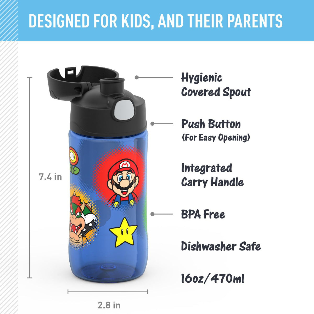 THERMOS FUNTAINER 16 Ounce Plastic Hydration Bottle with Spout, Mario