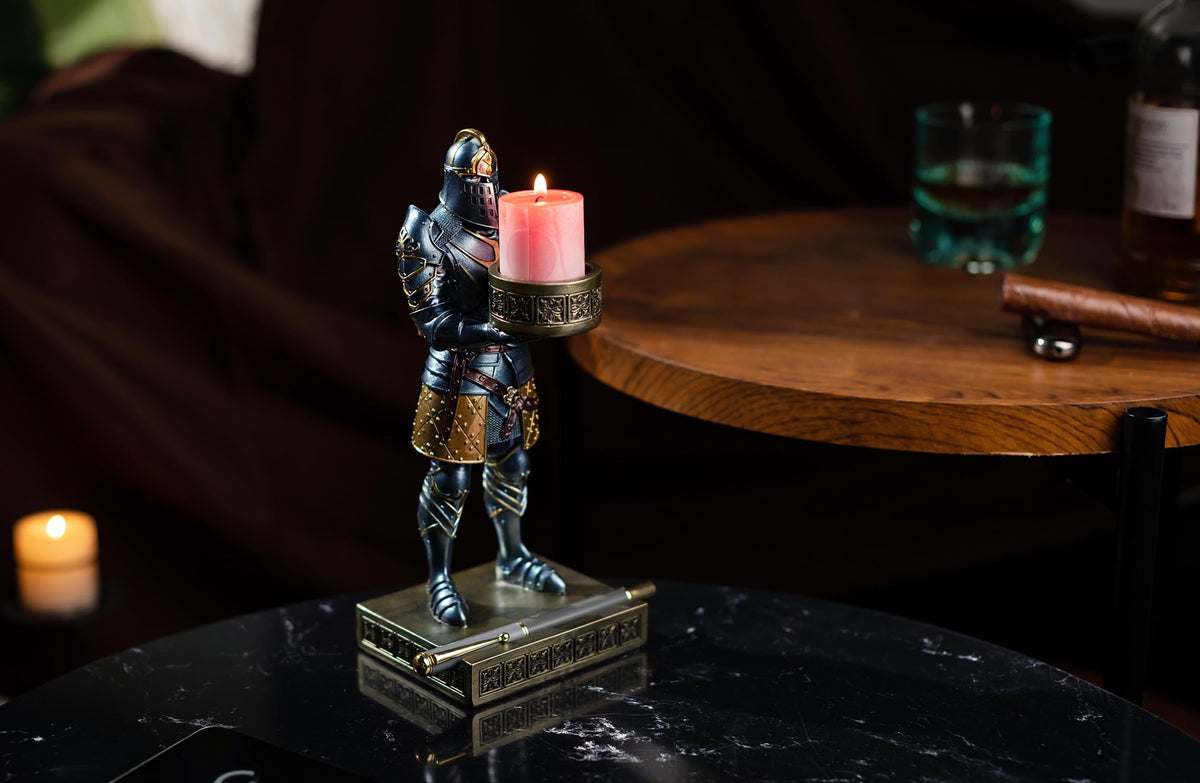 HDMbigmi King's Guard Standup Knight Candlestick Holders Resin TeaLight Holder Warrior Mobile Phone Stand Pen Holder Candle Holder for Restaurant, Altar, Home Table(Blue)