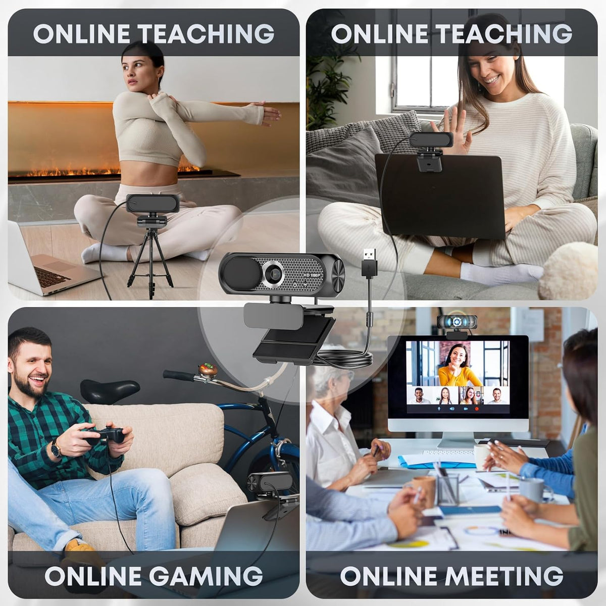 Shcngqio 1080P HD Webcam with Microphone, Noise Cancellation, Privacy Cover, Wide-Angle Lens, Auto Light Correction