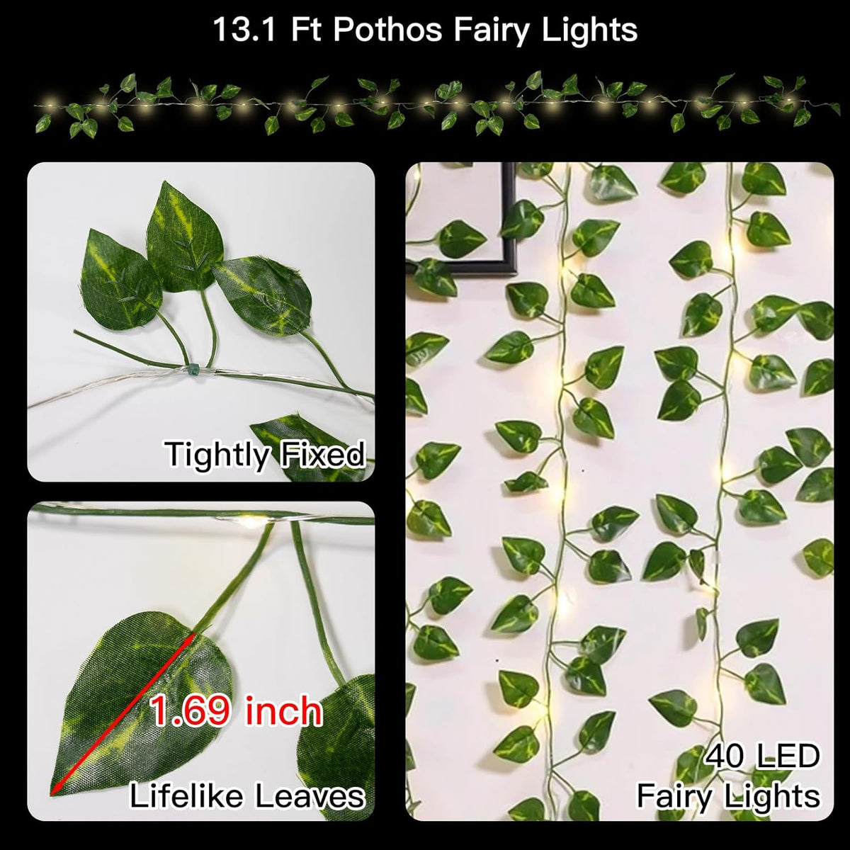 Suddus Fairy Lights Vine - 13.1ft 40 LED Battery Operated Pothos String Lights with Remote | Warm White Decor for Bedroom, Garden, Party, Wedding