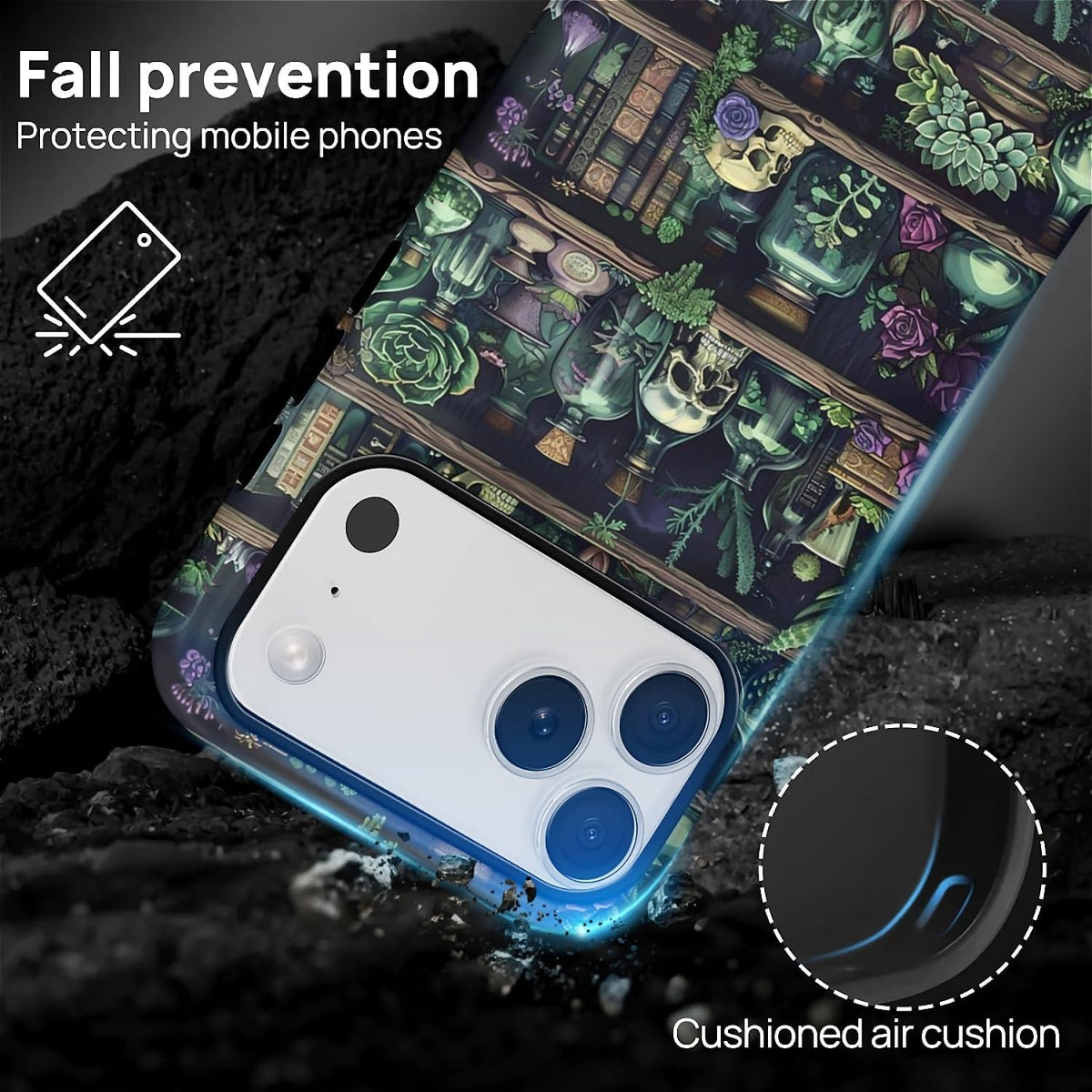 Akinmi 17 17 Case for iPhone Pro,Skeleton Bookshelf Flowers Exquisitely Pattern Double Protective Phone Cover Cases