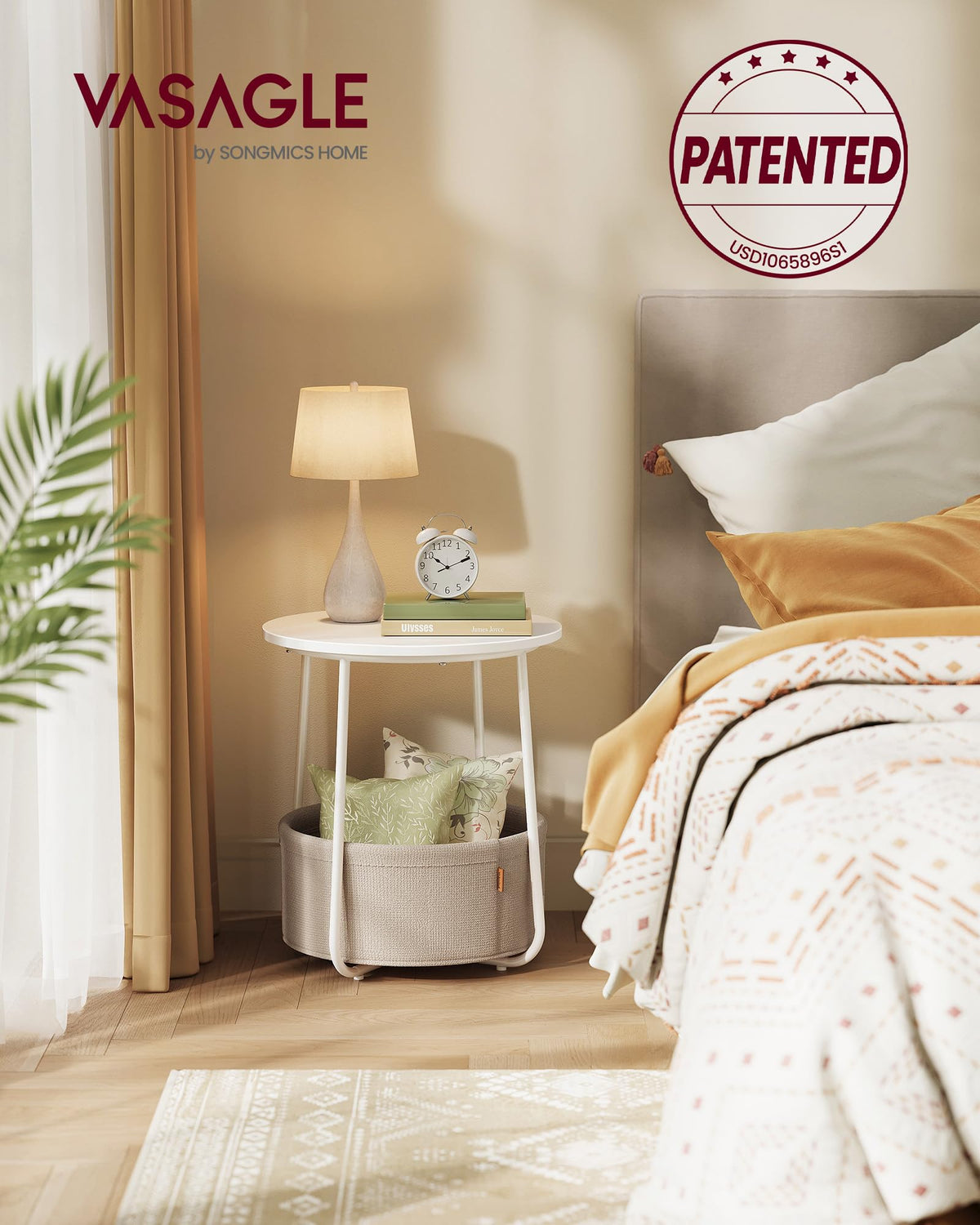 VASAGLE Nightstands, Set of 2 Small Round Side Tables with Fabric Basket, Bedside End Tables, for Bedroom, Matte White and Camel Brown ULCT665W01