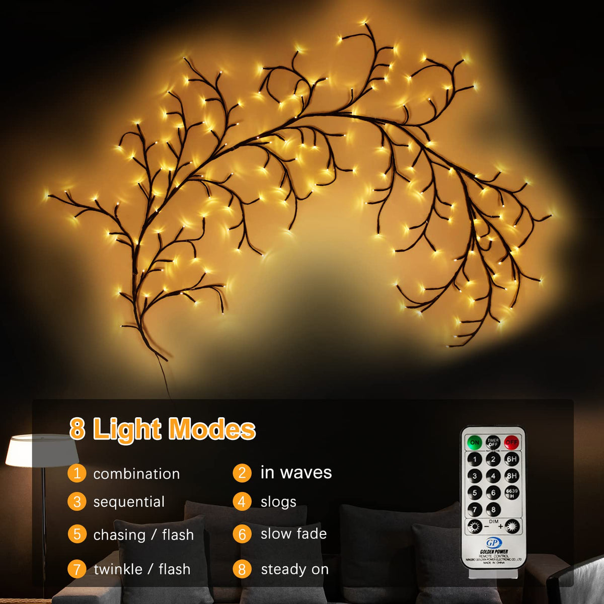 THKFUL Enchanted Willow Vine Lights with Remote, 8FT Willow Vine Tree Branch Lights Christmas Artificial Plants Tree Branches Light,144 LEDs Lighted Twig Vine Plug in for Room Home Outdoor(1PCS)