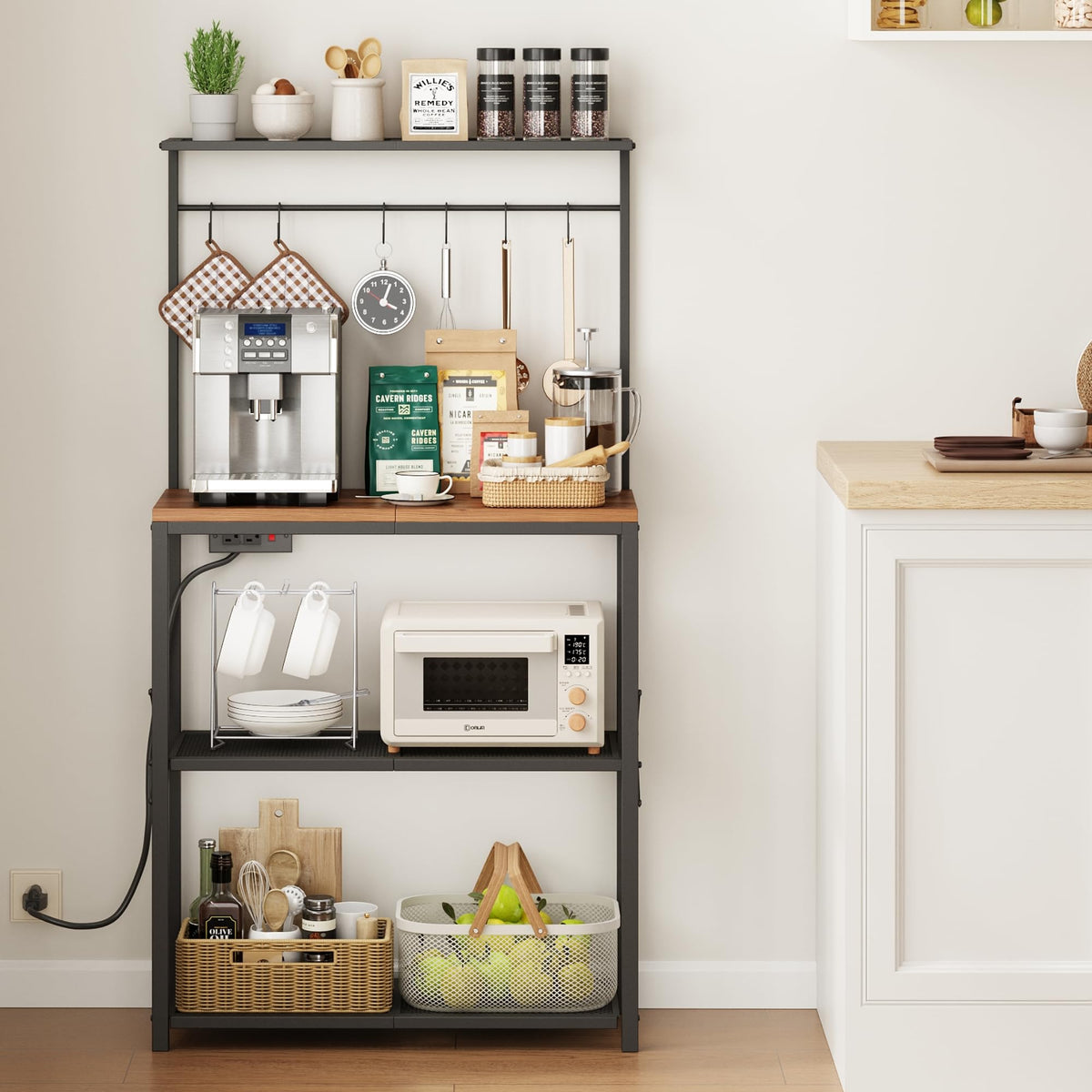 Txecpro kitchen Bakers Rack with Power Outlet, Coffee Bar Table 4 Tiers, Microwave Stand with 6 S-shaped Hooks, Kitchen Storage Shelf Rack for Spices, Pots and Pans,25.6" L x 12" W x 53.5" H