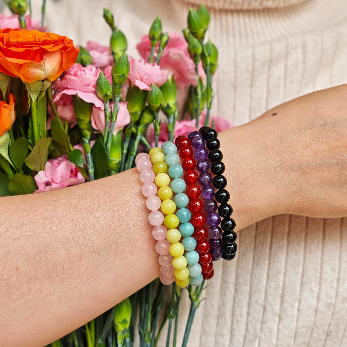 Handmade Natural Gemstone Elastic Bracelet - Healing Crystal Beads Jewelry, Unisex (Seven Chakra Stones, 8mm)