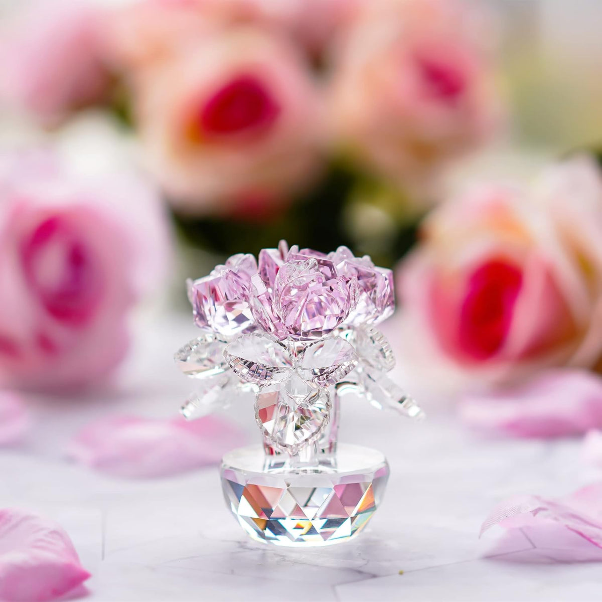 QFkris Pink Crystal Rose Bouquet - Elegant Glass Flower Figurine | 2.8" Home Decor Ornament for Women