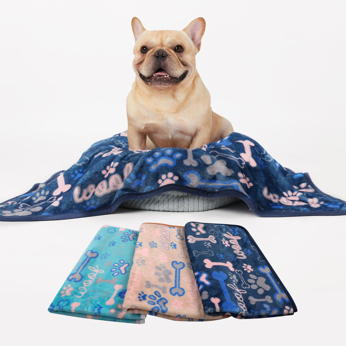 Luciphia 1 Pack 3 Blankets Fluffy Premium Fleece Pet Blanket Flannel Paw Bone Printed Throw for Dog Cat(Medium 30"x20", Khaki/Blue/Navy)